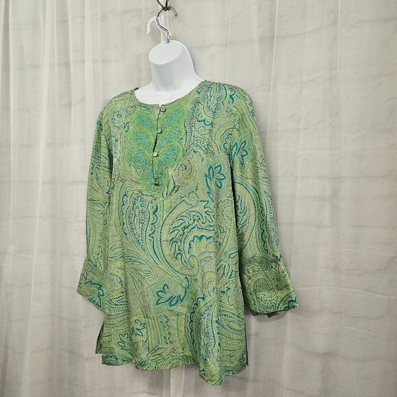 Coldwater Creek Green Blue Paisley Silk Blouse Peasant Retro Embroidered PL - Picture 7 of 13